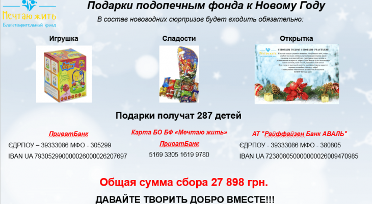 Новогодние подарки подопечным БО БФ “Мечтаю Жить”